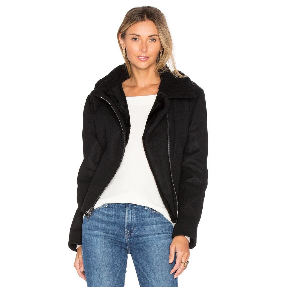 Vince Black Double Face Lamb Shearling Wool Cashmere Moto‎ Jacket Size M